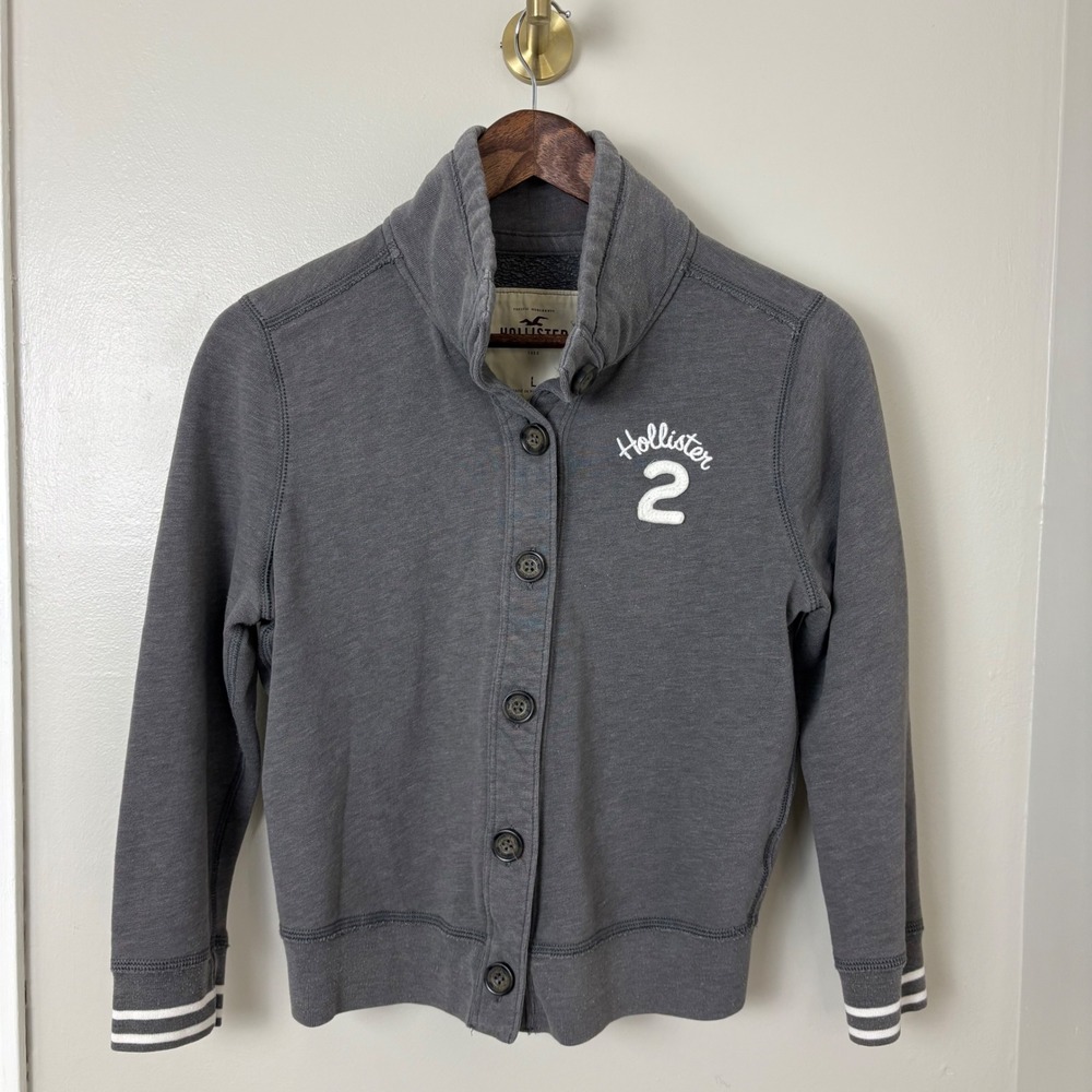 VTG Y2K Hollister Button Up Sweatshirt‎ Women's Large Grey Shawl Collar Varsity